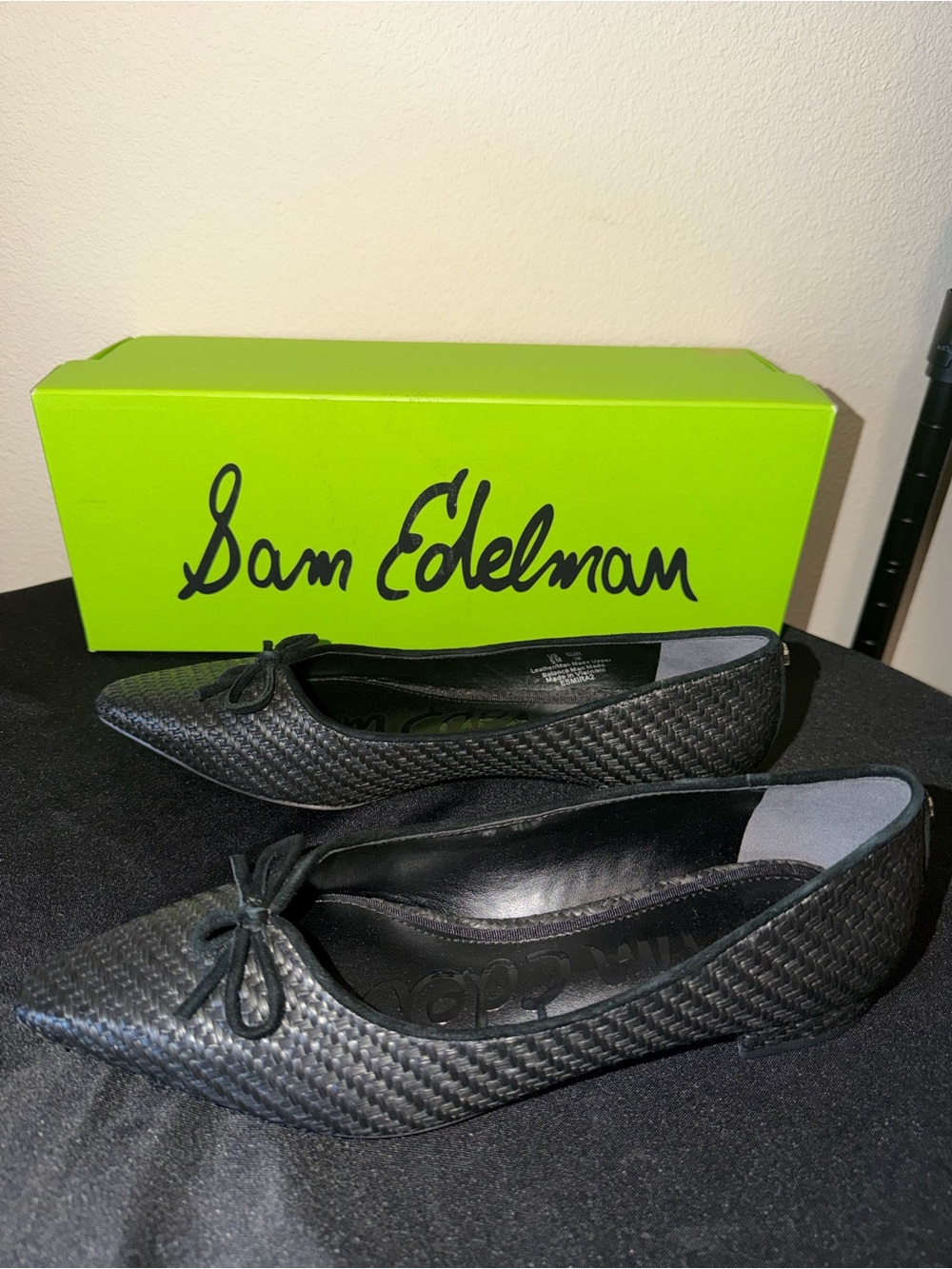 Sam Edelman “Esmira” Black Woven Pointed Ballet Flats with Bow
